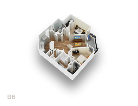 A 3D floor plan of a pentagon shaped apartment with the label B6.